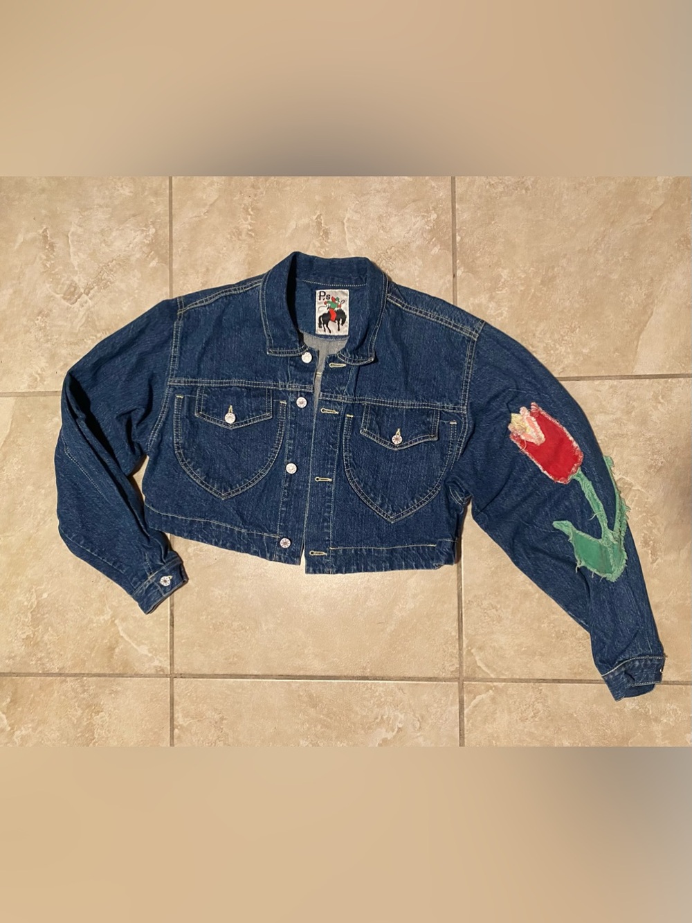 VintageCropped Denim Jacket custom/handmade Tulip Sleeve/back patches!!